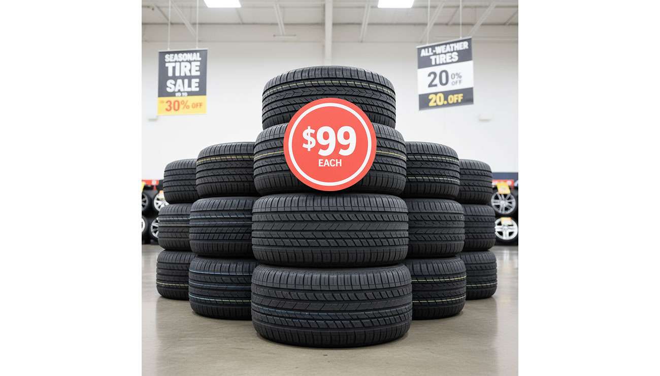 Stack of new tires in automotive shop displaying seasonal sale pricing and promotional tags