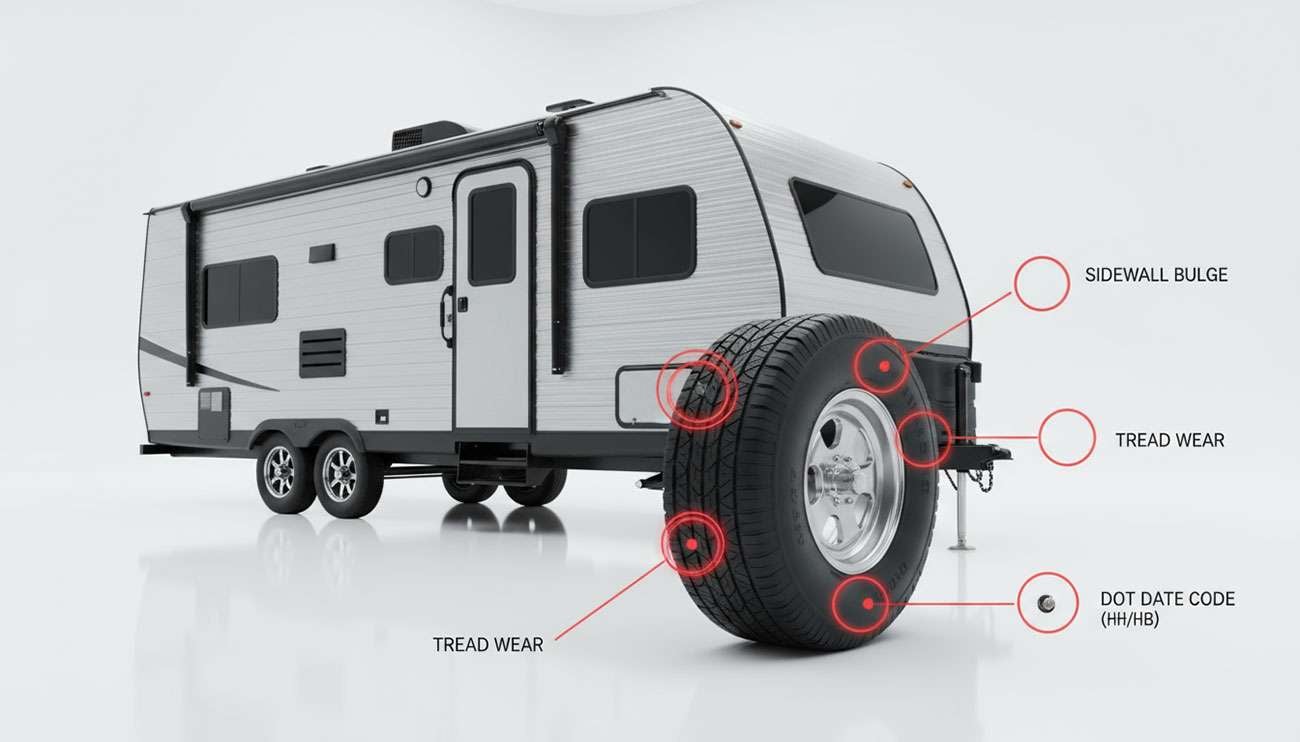 RV trailer with highlighted tire showing potential China bomb tire failure points and safety concerns