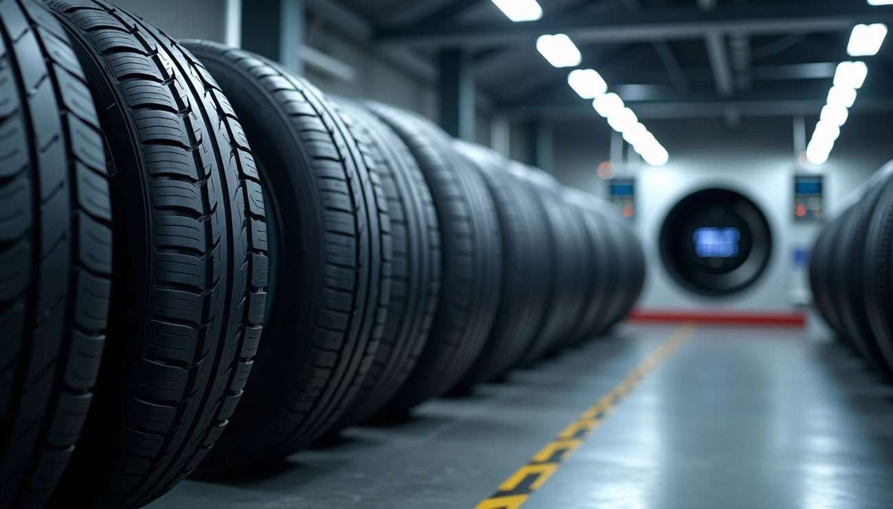 Close-up of multiple new tires lined up in a well-lit warehouse, highlighting tire tread patterns for a review article