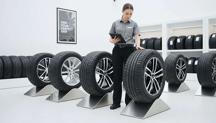 Car owner examining tire options with different tire brands displayed for selection