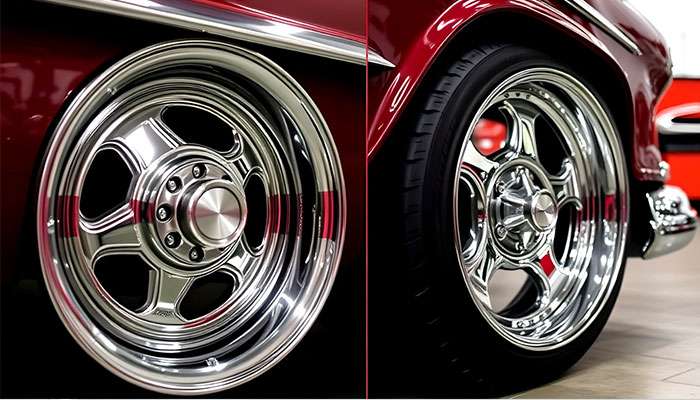 Side-by-side close-up of vacuum chrome and water chrome car wheels on a red vintage vehicle highlighting their finish differences