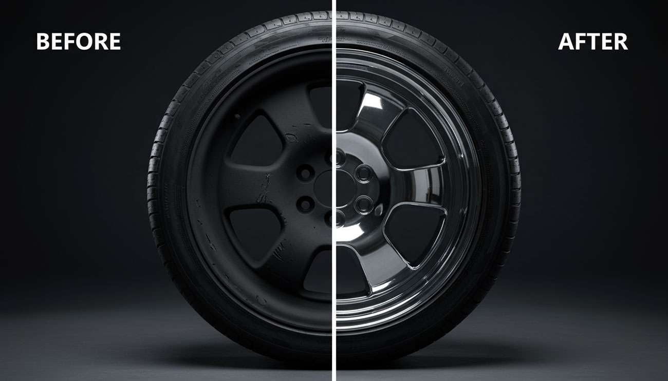 Before and after comparison of chrome wheel paint removal showing transformation from painted to restored chrome