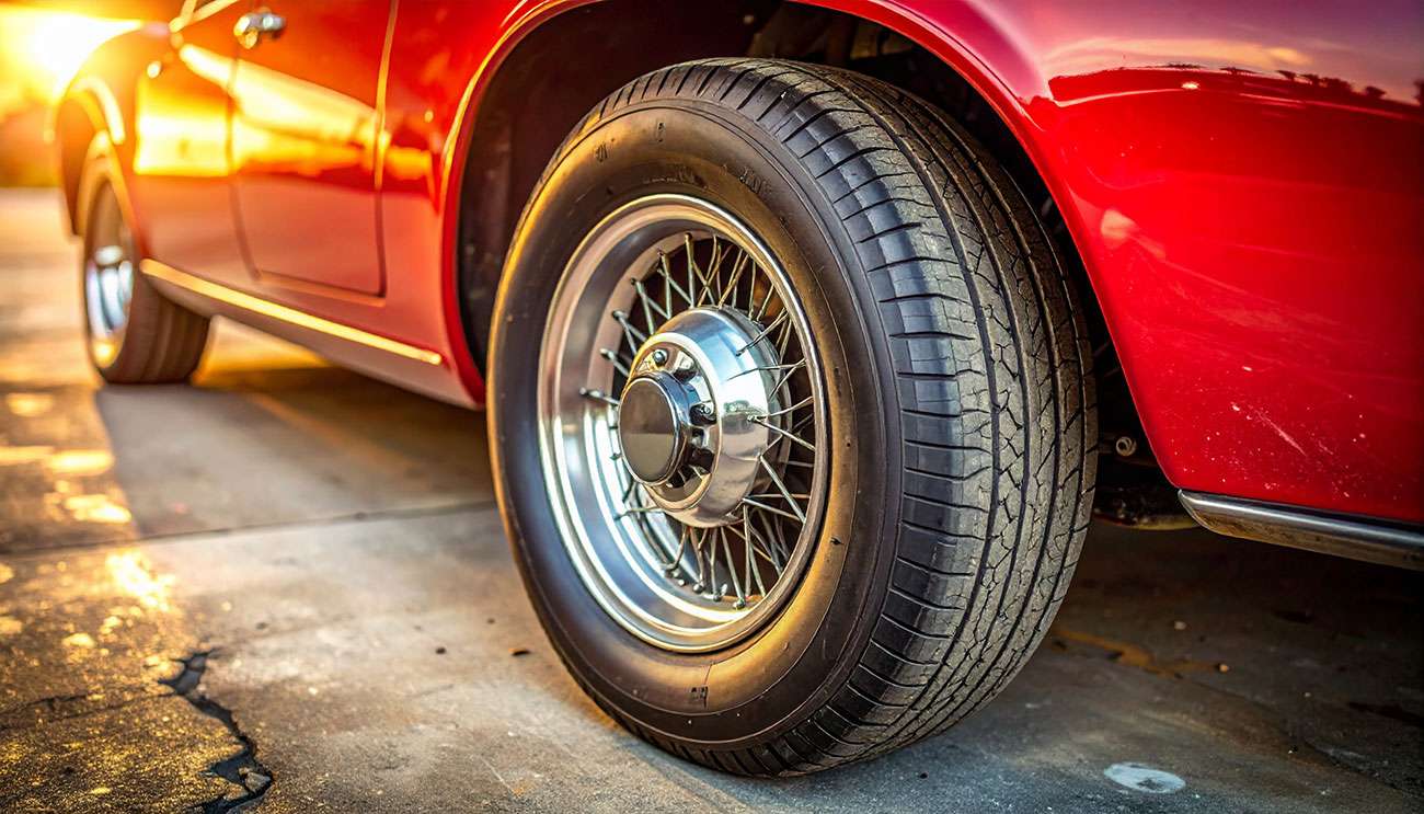 Cracked classic car tire on a wire-spoke wheel highlighting age-related dry rot and safety risks