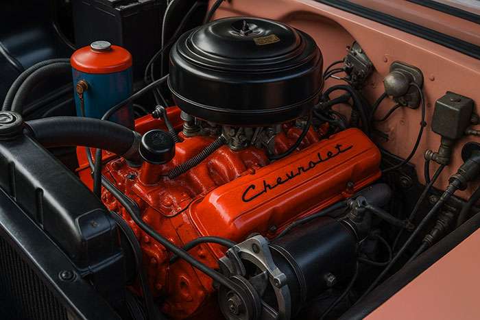 Close-up of a classic Chevrolet car engine bay with a bright orange engine block and black components.
