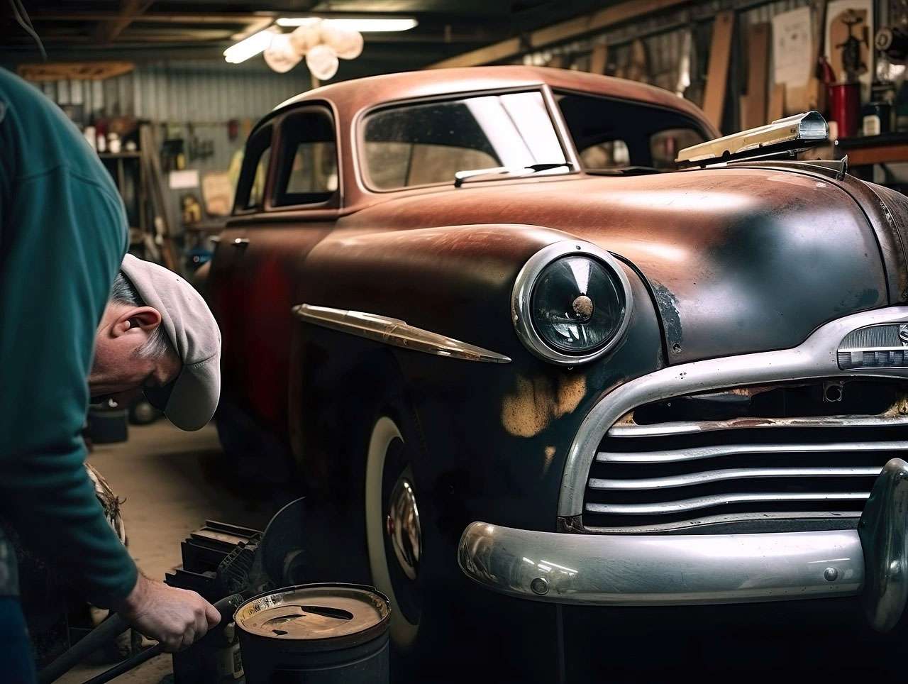 Skilled mechanic working on tire repair of a vintage classic car in a detailed auto restoration workshop.