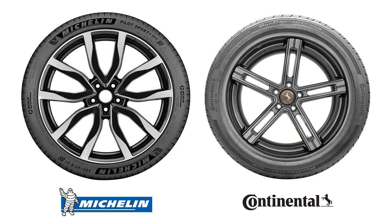 Continental and Michelin tires side by side comparing tread designs and value for performance-focused drivers