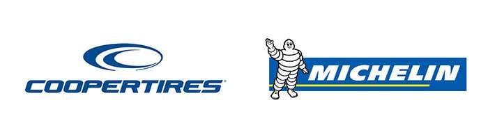Side-by-side comparison of Cooper Tires and Michelin tires with their logos against a split background