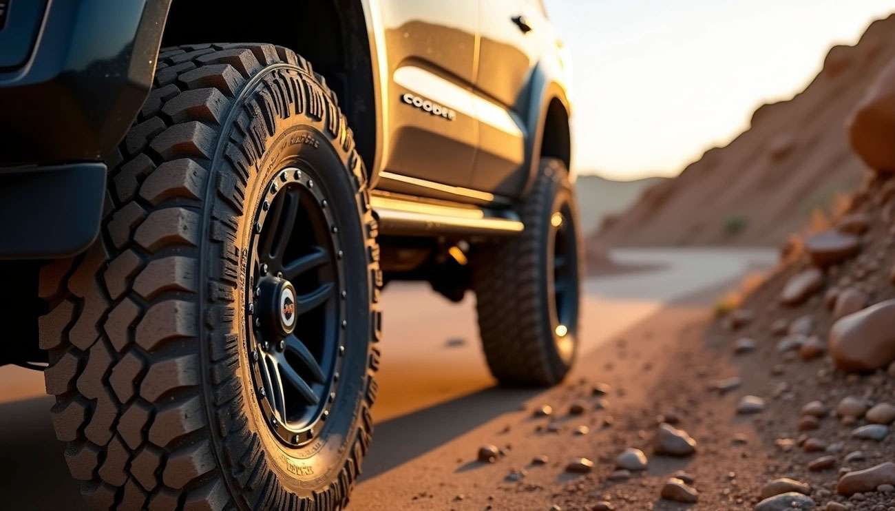 Close-up of rugged Cooper Tires on a 4x4 vehicle driving on a rocky desert road at sunset