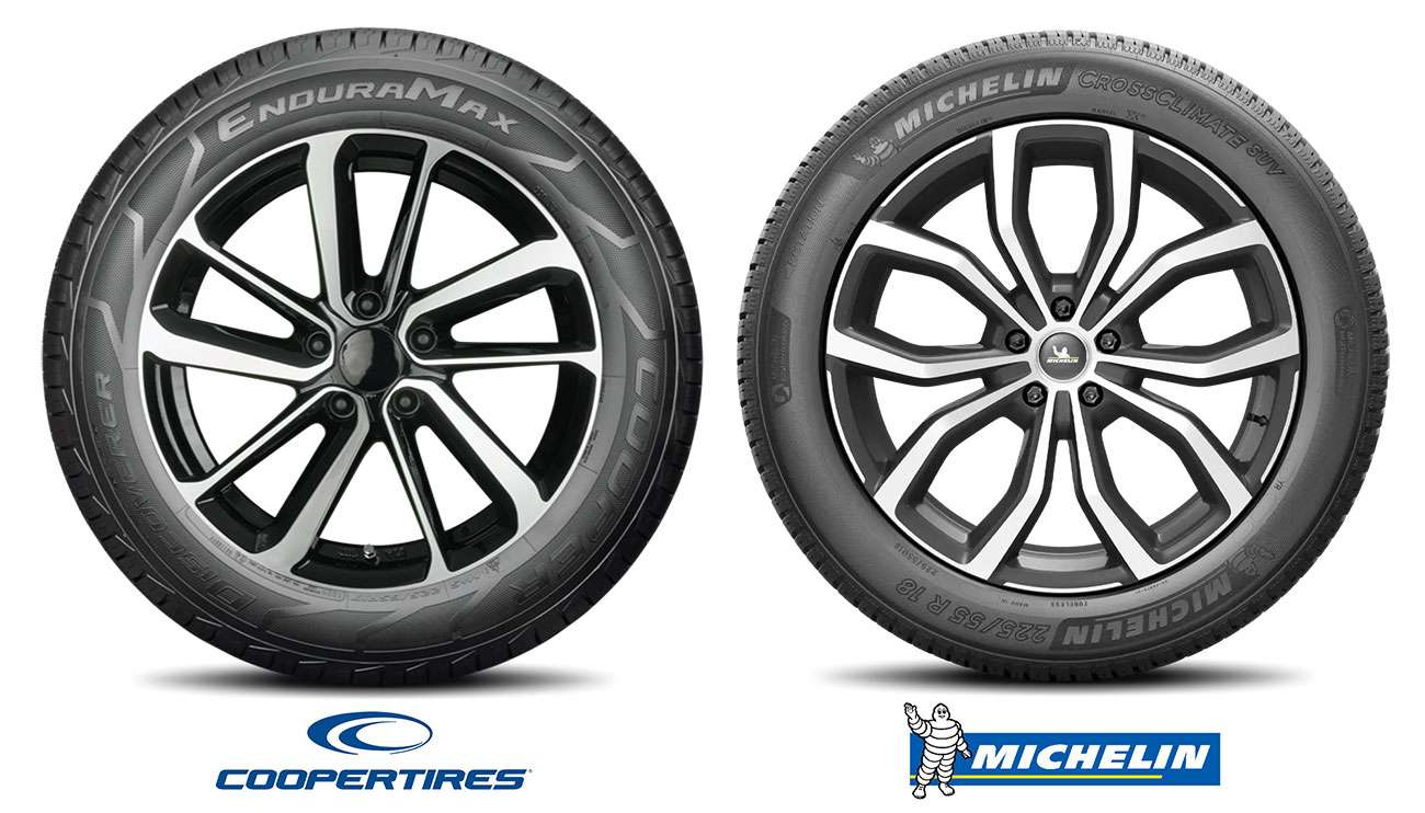 Cooper and Michelin tire comparison showing brand logos and tire designs side by side