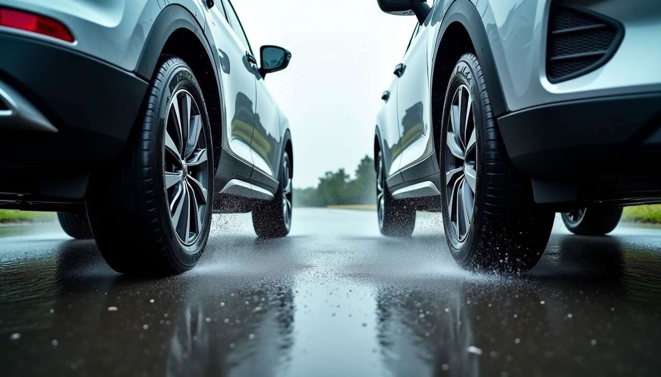 Close-up of two cars' tires splashing water on a wet road, illustrating tire performance in rainy conditions.