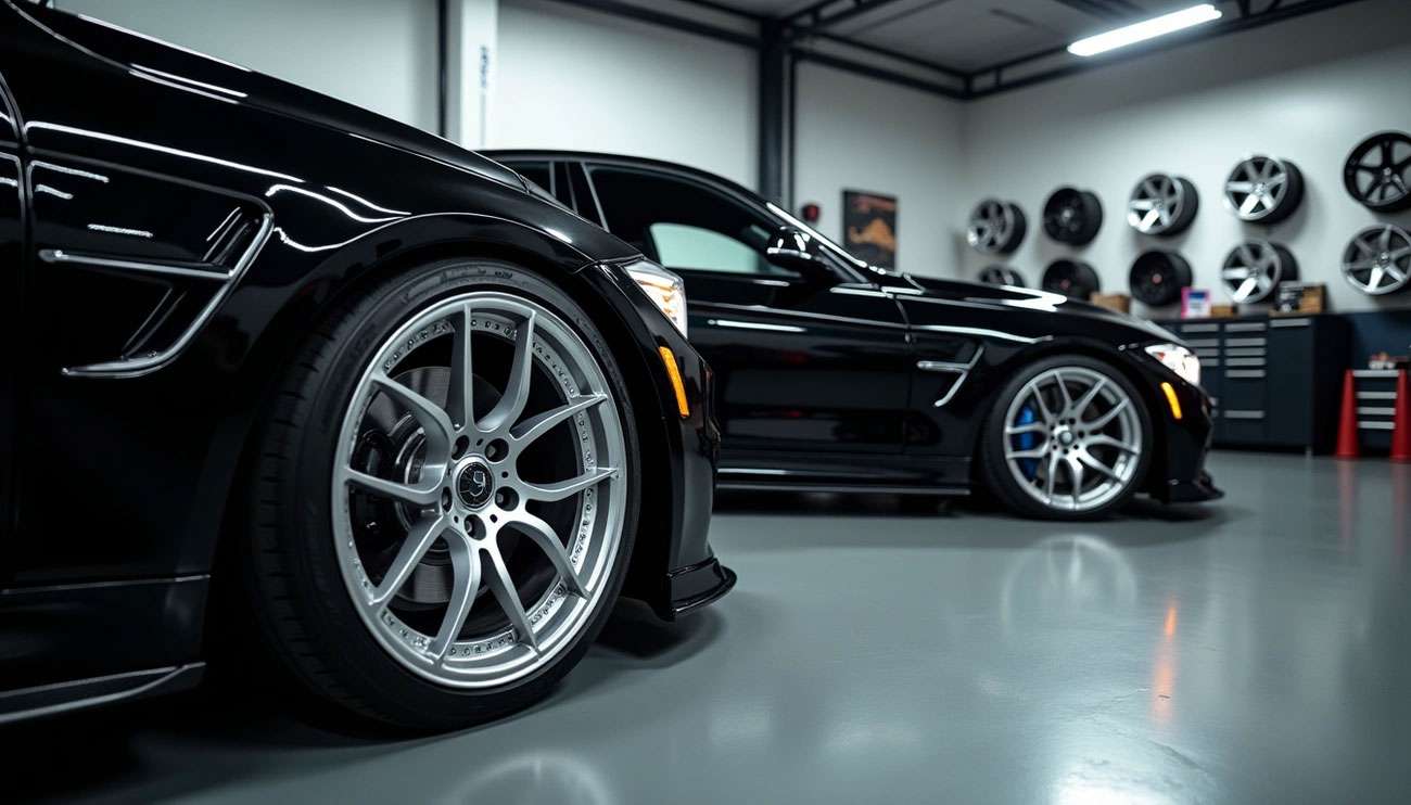 Close-up of silver alloy rims on sleek black sports cars inside a garage with various wheels displayed on the wall