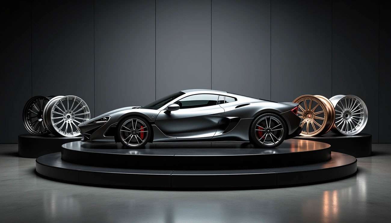 Sleek silver sports car displayed on a platform surrounded by various custom wheel designs in a showroom.