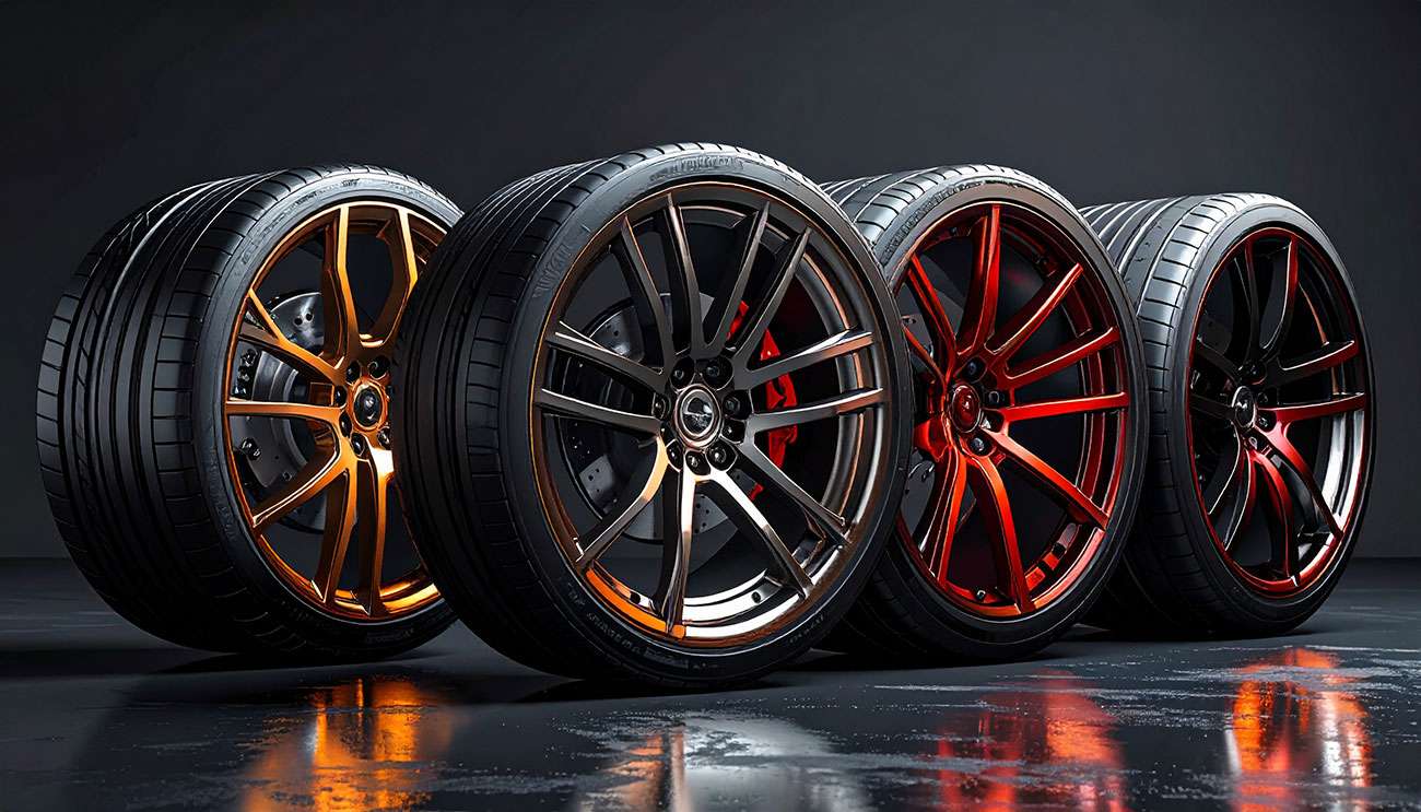 Set of sleek custom alloy car wheels on a reflective surface