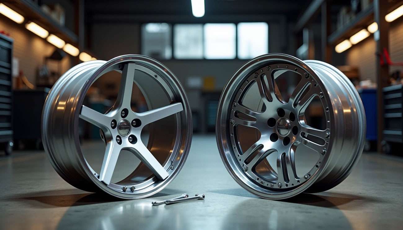 Two polished custom car wheels, a 2-piece and a 3-piece, displayed side by side in a workshop with tools on the floor.