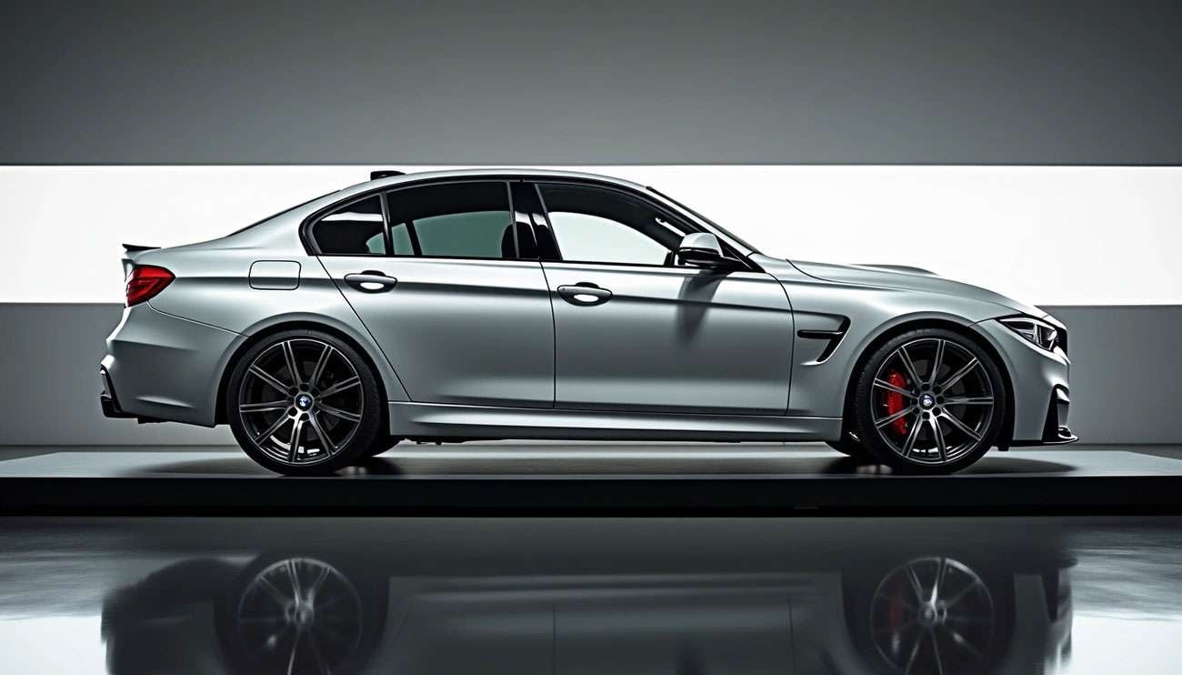 Side view of a sleek silver BMW sedan with custom black wheels and red brake calipers in a modern showroom.
