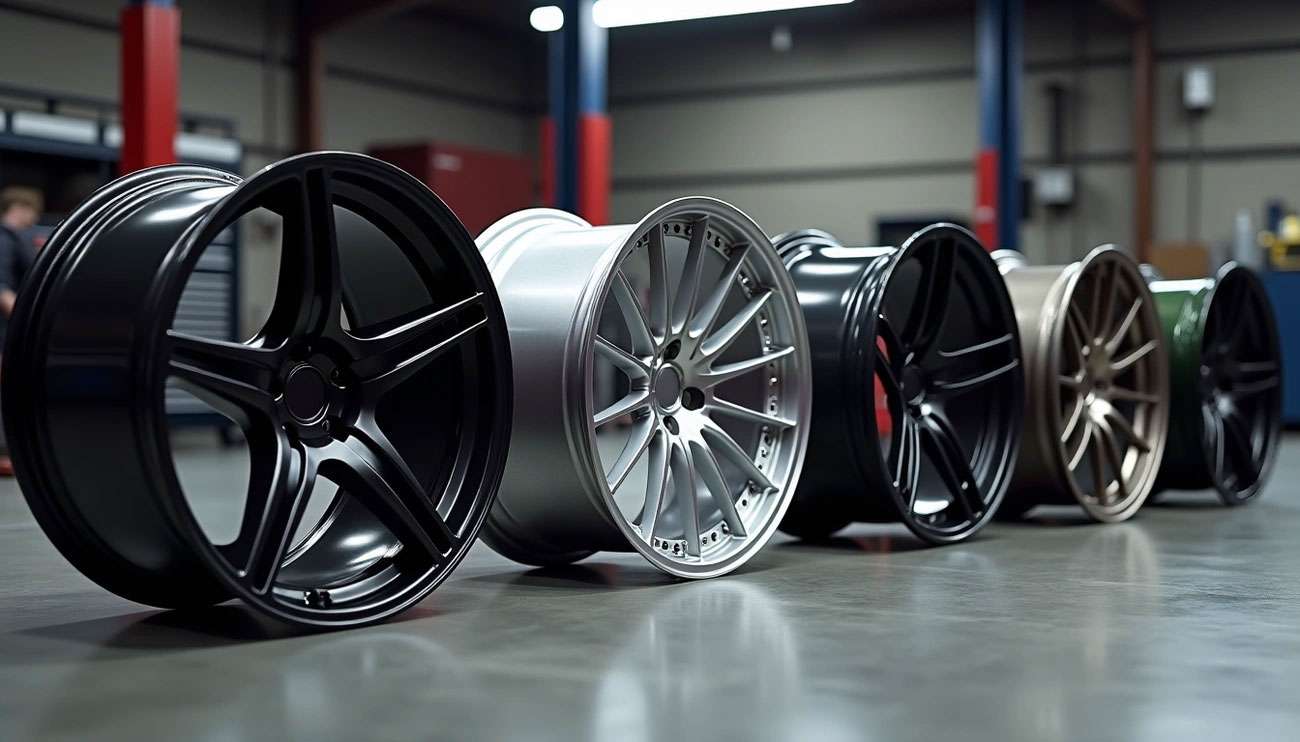 A lineup of six custom car wheels in various designs and colors displayed on a workshop floor showcasing different price points from budget to premium options
