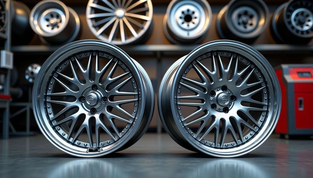 Two custom car wheels, one silver and one black, displayed in a workshop with various wheels on shelves in the background