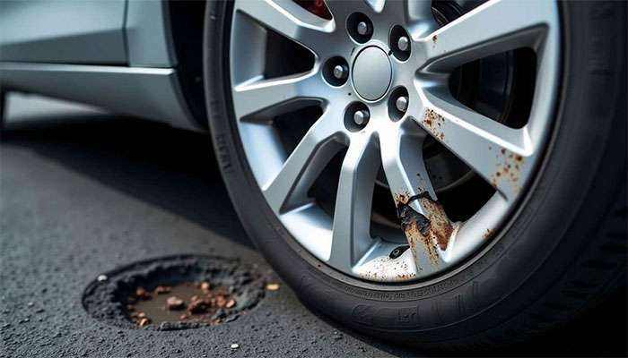 Close-up of a car wheel with visible damage and rust near a pothole on the road, illustrating common wheel damage issues