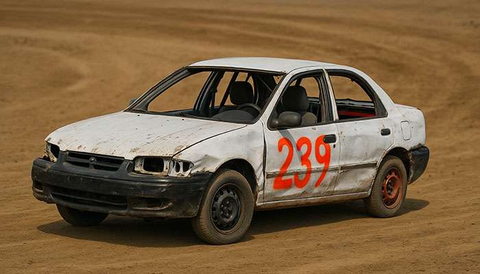 Front-wheel drive compact demolition derby car with painted numbers