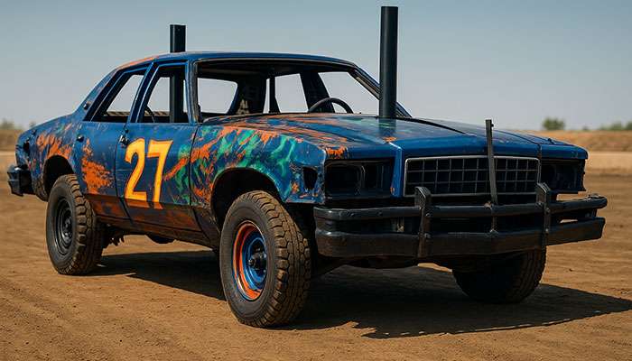 Classic rear-wheel drive sedan prepped for demo derby, showing reinforced frame
