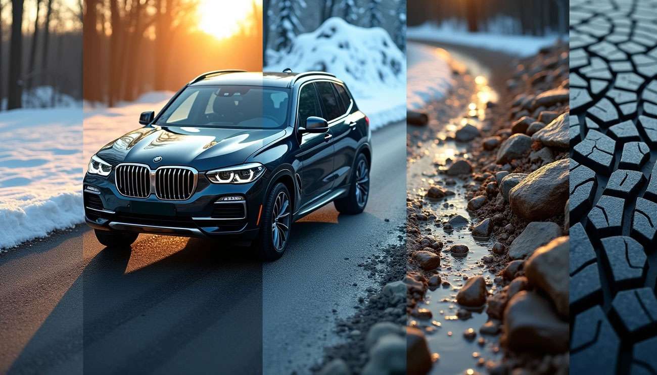 SUV driving on snowy road at sunset showing different tire types and tread patterns for various weather conditions