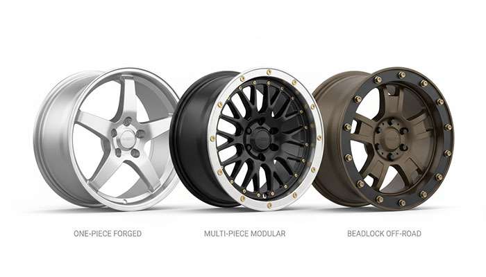 Various types of car rims displayed showing different designs including one-piece, multi-piece, and beadlock constructions