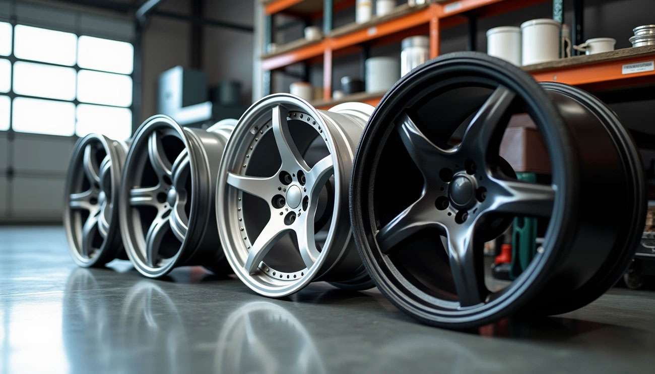 Five different styles of alloy car wheels displayed on a workshop floor with shelves in the background