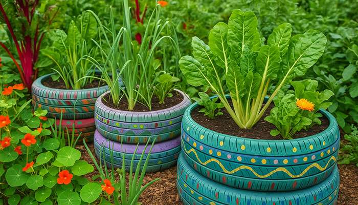 Colorfully painted stacked tires repurposed as garden planters filled with leafy greens and flowers in a vibrant garden.