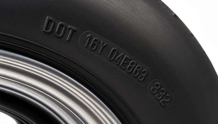 Close-up of a tire sidewall showing the DOT code and a guide to understanding tire DOT codes for drivers.