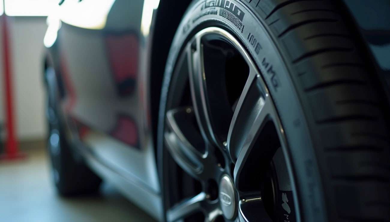 Close-up of a car tire and alloy wheel highlighting the tire sidewall and tread pattern in a garage setting.