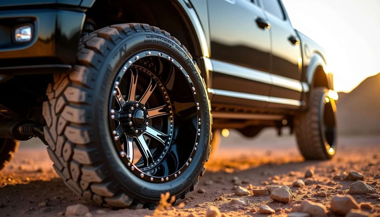 Close-up of a black rugged off-road vehicle wheel with Dropstars rim on a rocky dirt path at sunset