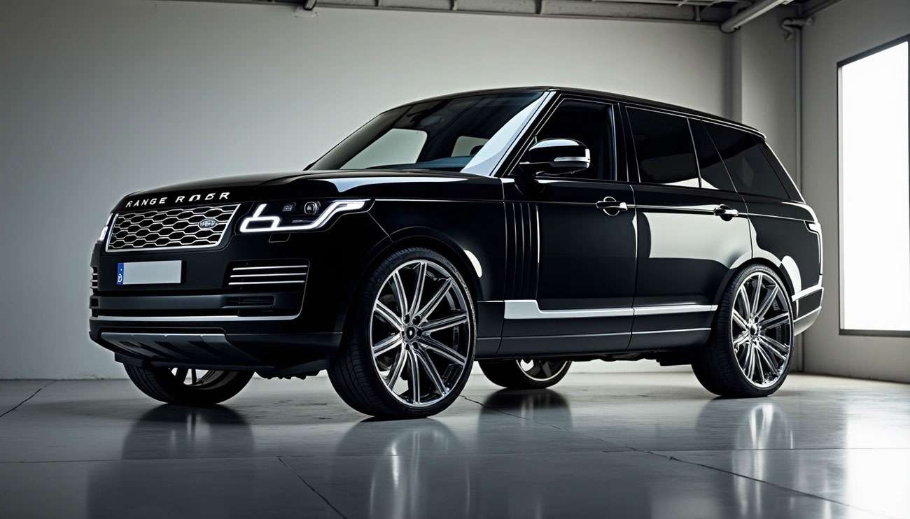 Black Range Rover SUV with premium DUB rims reflecting indoor showroom lighting