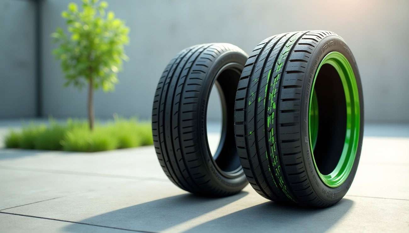 Two car tires side by side, one with green accents symbolizing eco-friendly tire technology outdoors.