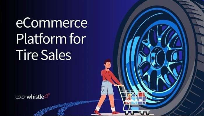 Illustration of a person with a shopping cart approaching a large tire, representing an eCommerce platform for tire sales.