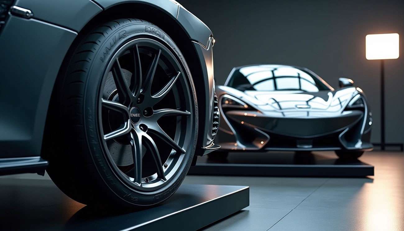Close-up of a sleek sports car with Enkei wheels in a modern showroom