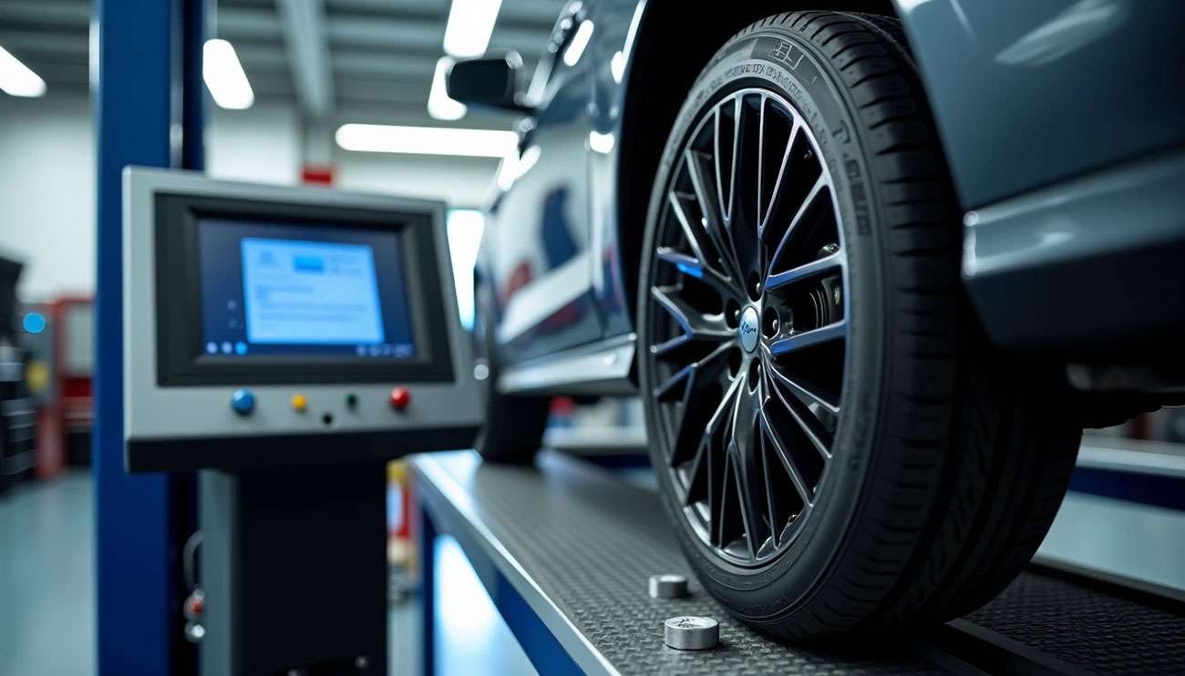 Close-up of a car tire on a balancing machine platform with a digital control screen in a workshop.