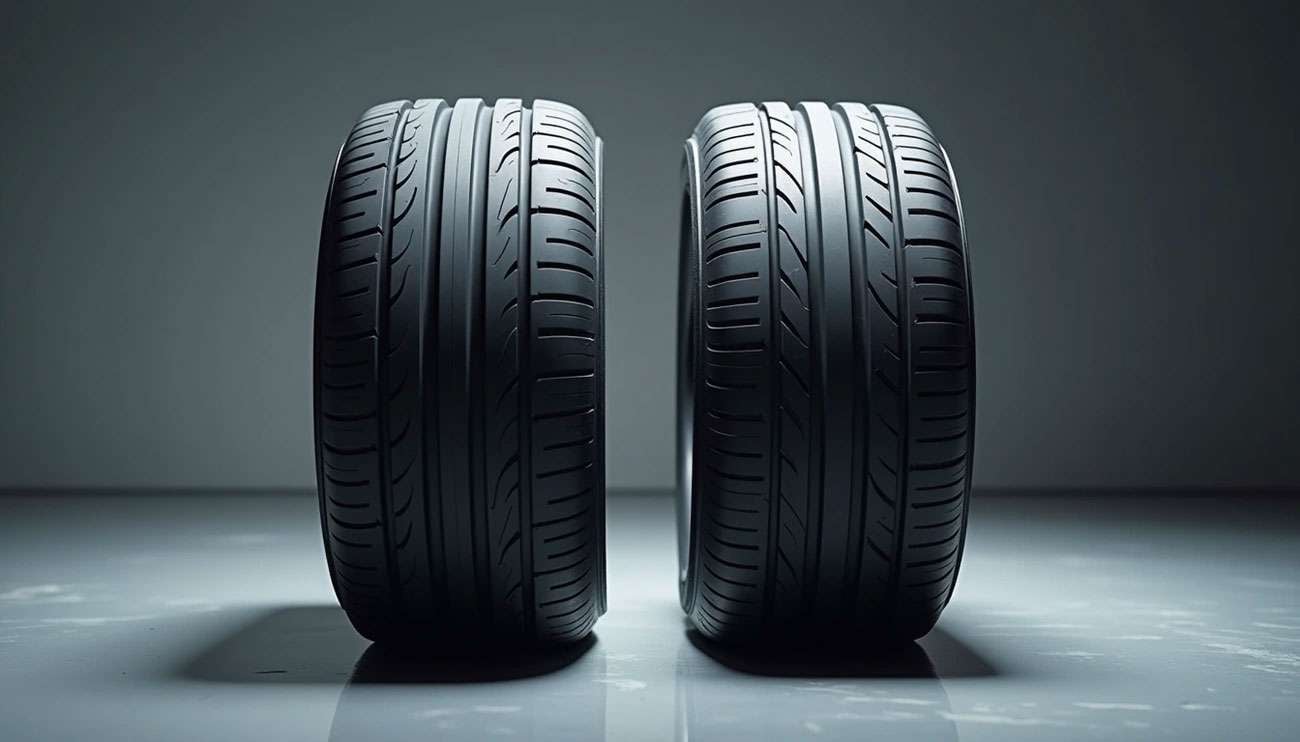 Two black electric vehicle tires side by side on a reflective surface with detailed tread patterns in soft lighting.