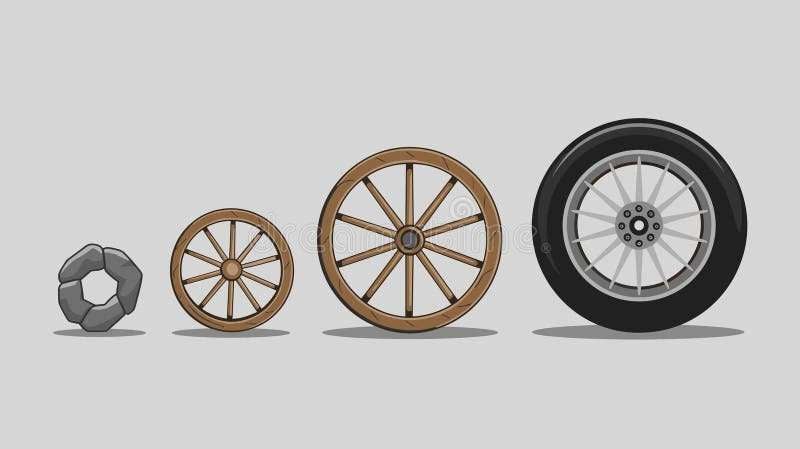 Illustration showing the evolution of the wheel from a stone to a modern rubber tire with metal spokes.