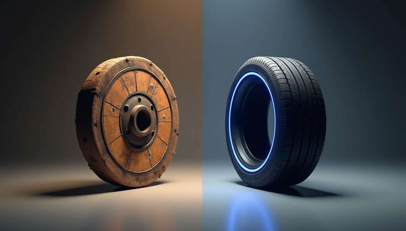 Side-by-side comparison of an old wooden wheel and a modern smart rubber tire with glowing blue accents.
