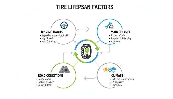 Infographic showing key factors that affect tire lifespan including driving habits maintenance road conditions and climate