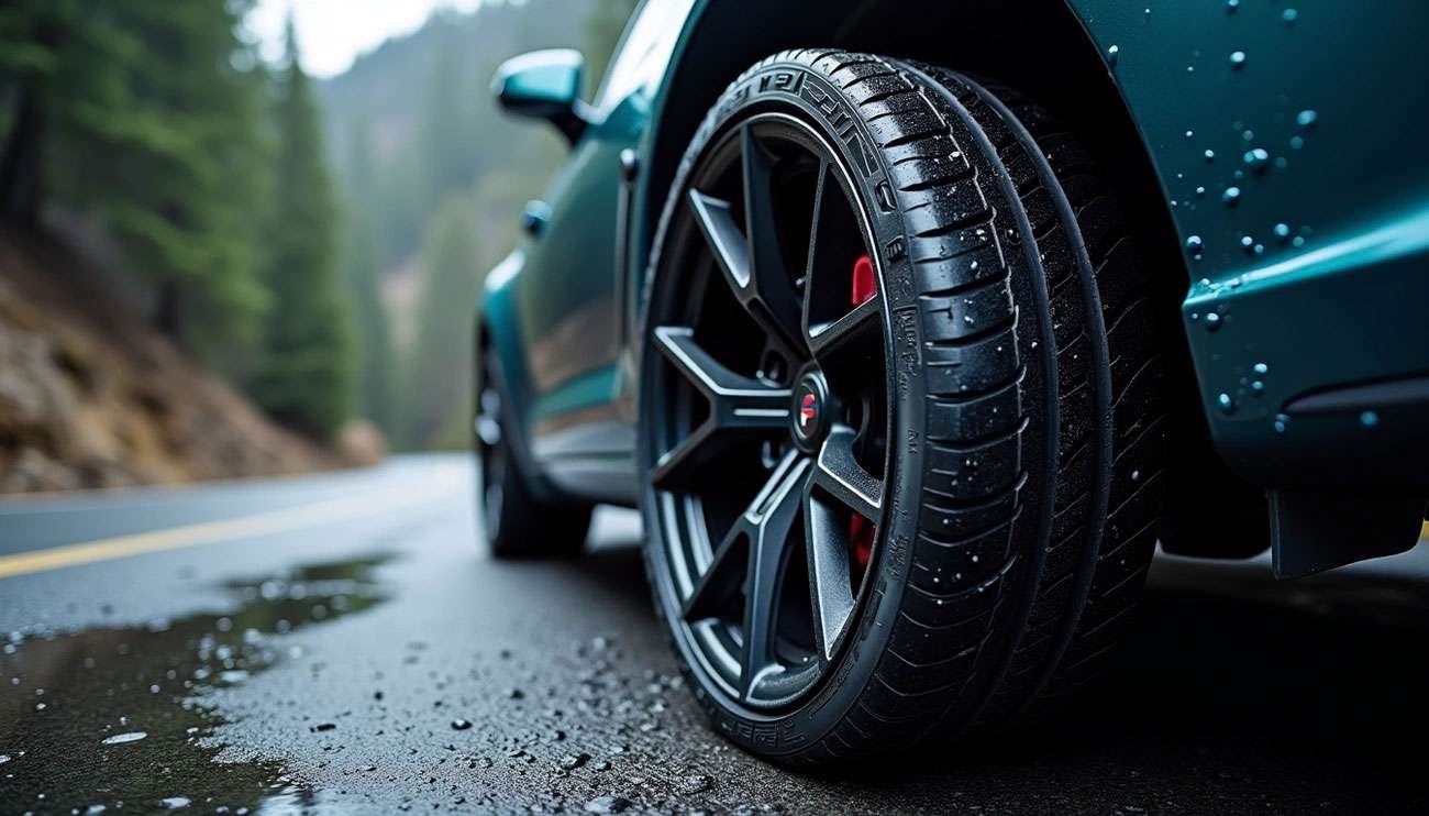 Close-up of a wet Falken tire on a blue car parked on a damp mountain road with blurred trees in the background