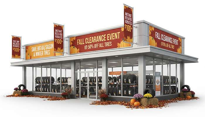 Tire retailer storefront featuring autumn clearance sale banners and seasonal tire inventory displays