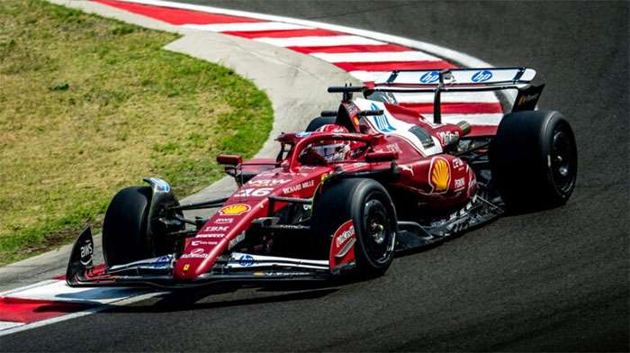 Ferrari F1 car tests 2026 Pirelli tires on a curving racetrack in Budapest during automotive testing