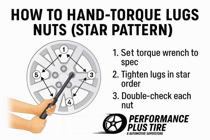 Mechanic using an impact wrench to tighten lug nuts on a car wheel in a garage setting.