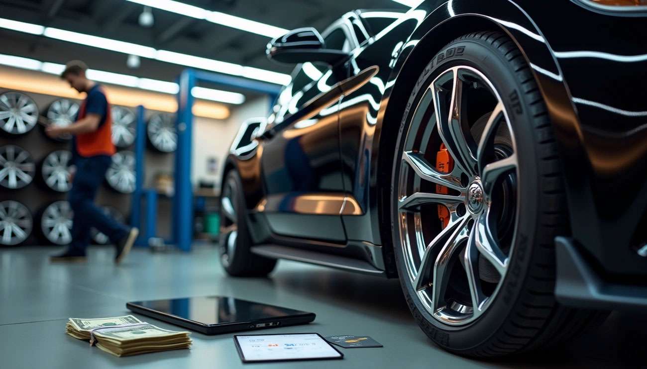 Close-up of a shiny car wheel and tire with cash, tablet, and credit card on the floor in a tire shop