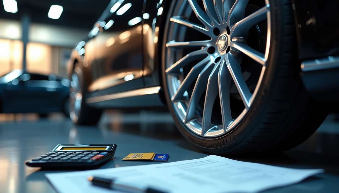 Close-up of a car rim with a calculator, credit cards, and paperwork on the floor, symbolizing financing options