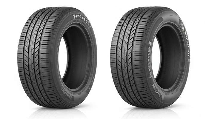 Comparison of Michelin and Firestone tires with a red VS on an orange background highlighting their differences