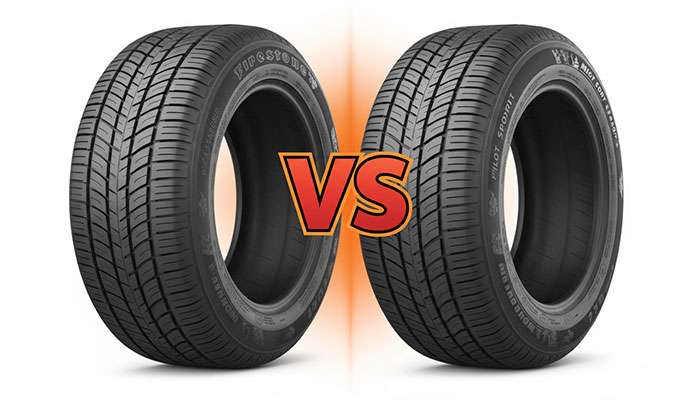 Comparison image of Firestone and Michelin tires with logos and VS symbol in the center on red and gray backgrounds
