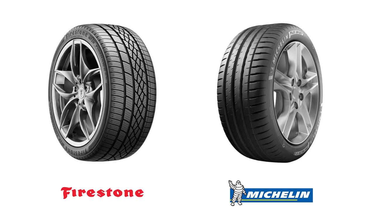 Firestone and Michelin tires side-by-side comparison showing brand logos and tire treads