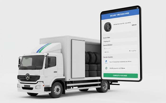 Delivery truck and payment processing interface showing flexible tire purchasing options